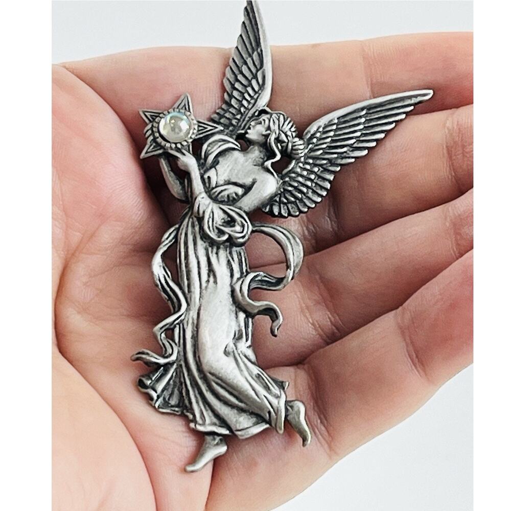 Vintage JJ Jonette Pin Angel Star Celestial Brooch Mystical Ball Lady Large 3”